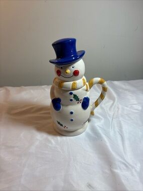 Temptations Blue and White Snowman Pitcher with Yellow Striped Handle